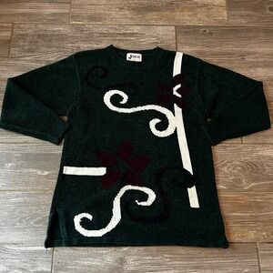 Vintage Joyce Womens Green Floral Swirl Knit Sweater Long Sleeve Crew Neck Top L